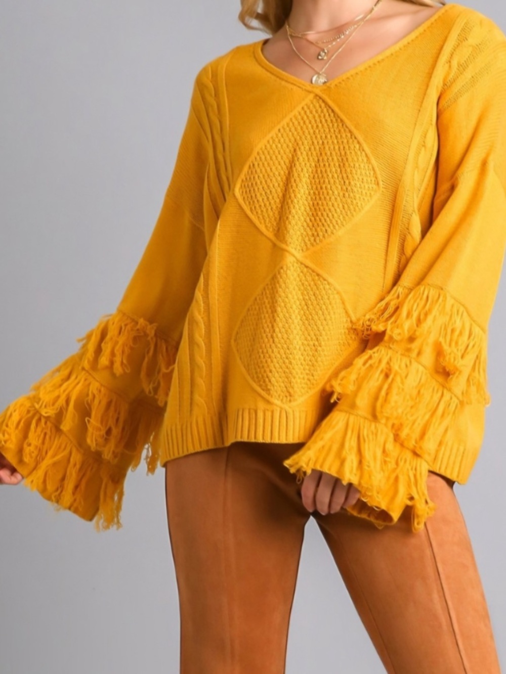 New! Umgee Boho Fringe Bell-Sleeve V Neck Sweater Acrylic Mustard Yellow Large